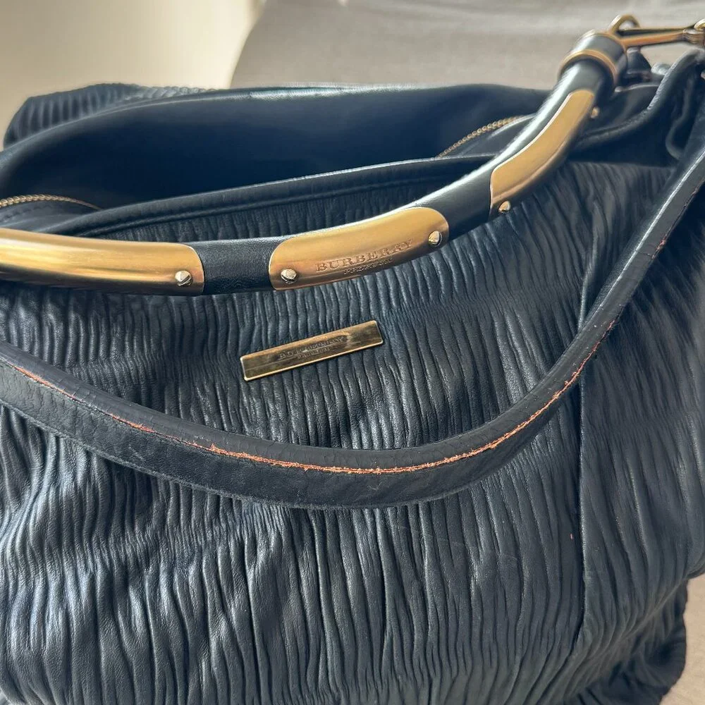 Burberry Prorsum Black Leather Crinkle Texture Large Tote Shoulder Hobo Bag Gold